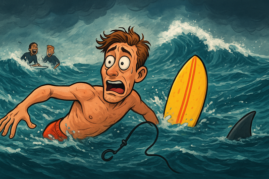 Surfer with broken leash swimming for his board