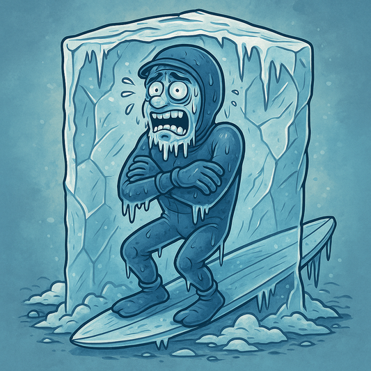 Cartoon of a surfer frozen in ice
