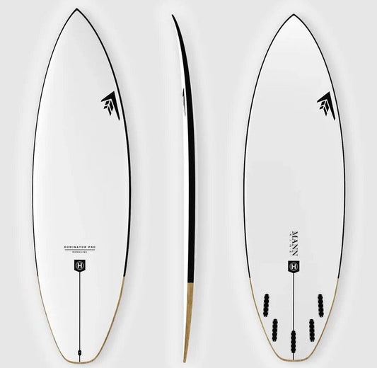 Firewire Dominator Pro Helium surfboard showing deck, rail and bottom views
