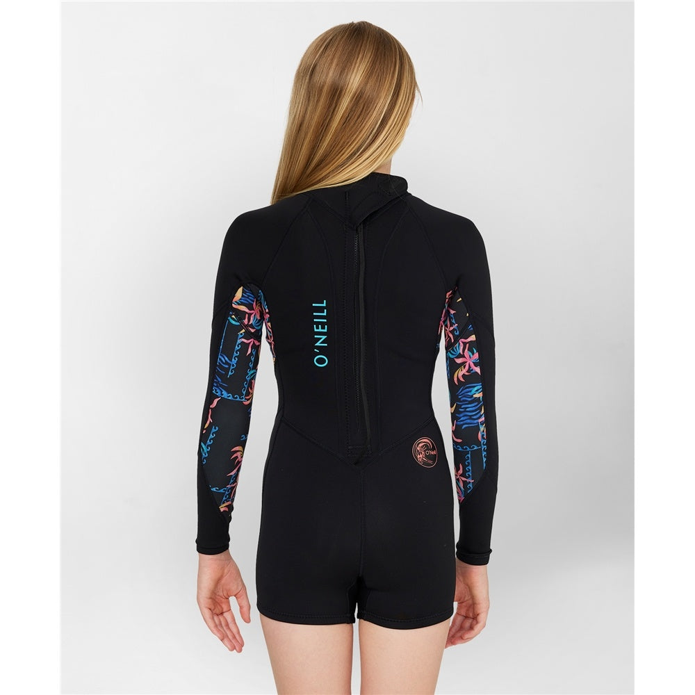 O'Neill Girls Bahia 2mm LS Mid Spring Wetsuit in black with tropic texta from rear