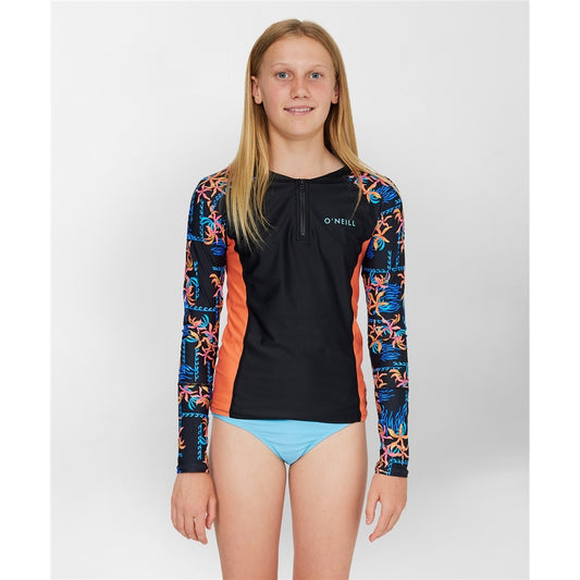O'Neill Girls Bahia 1/4 Zip Long Sleeve Rash Vest  in black with tropic print details from front