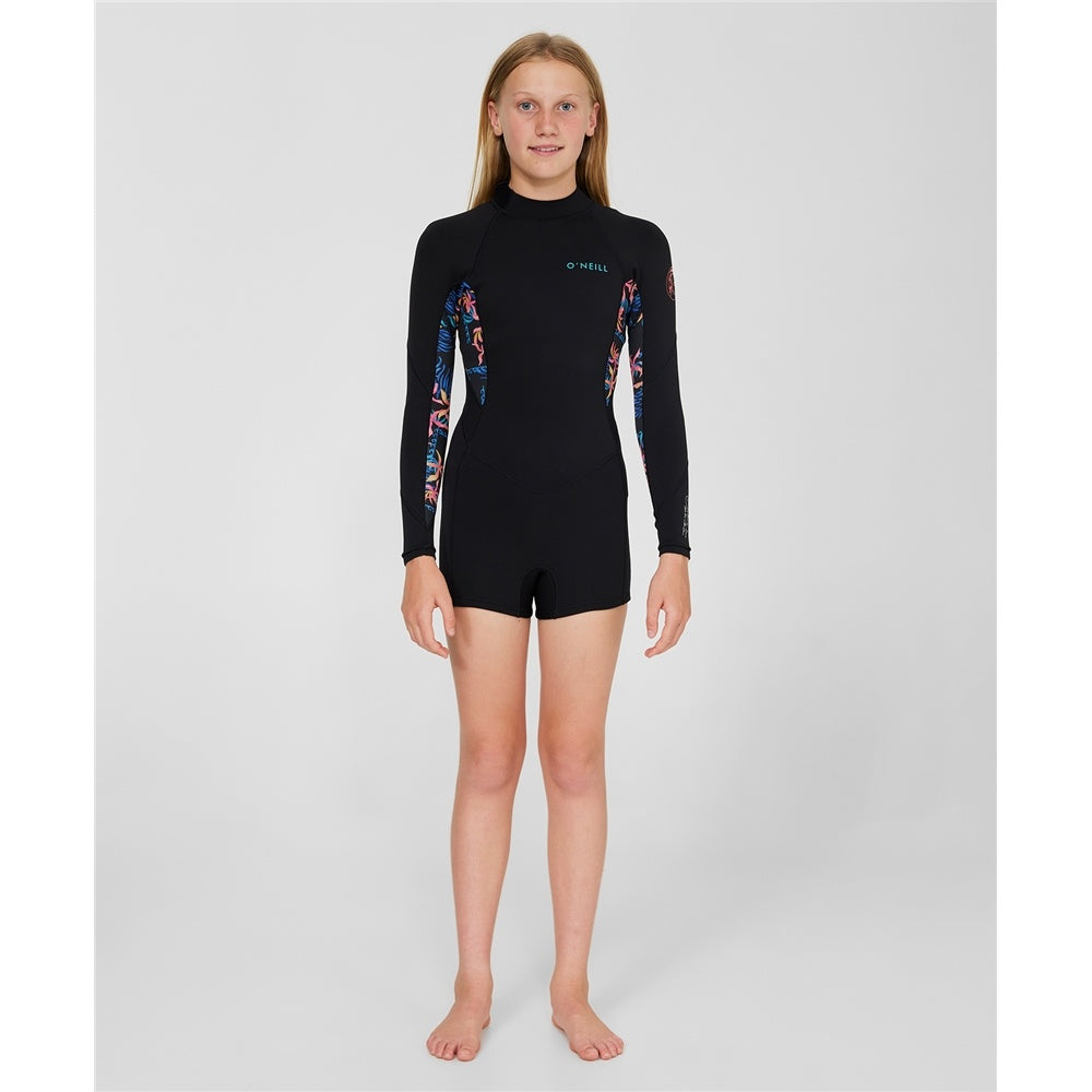 O'Neill Girls Bahia 2mm LS Mid Spring Wetsuit in black with tropic texta from front