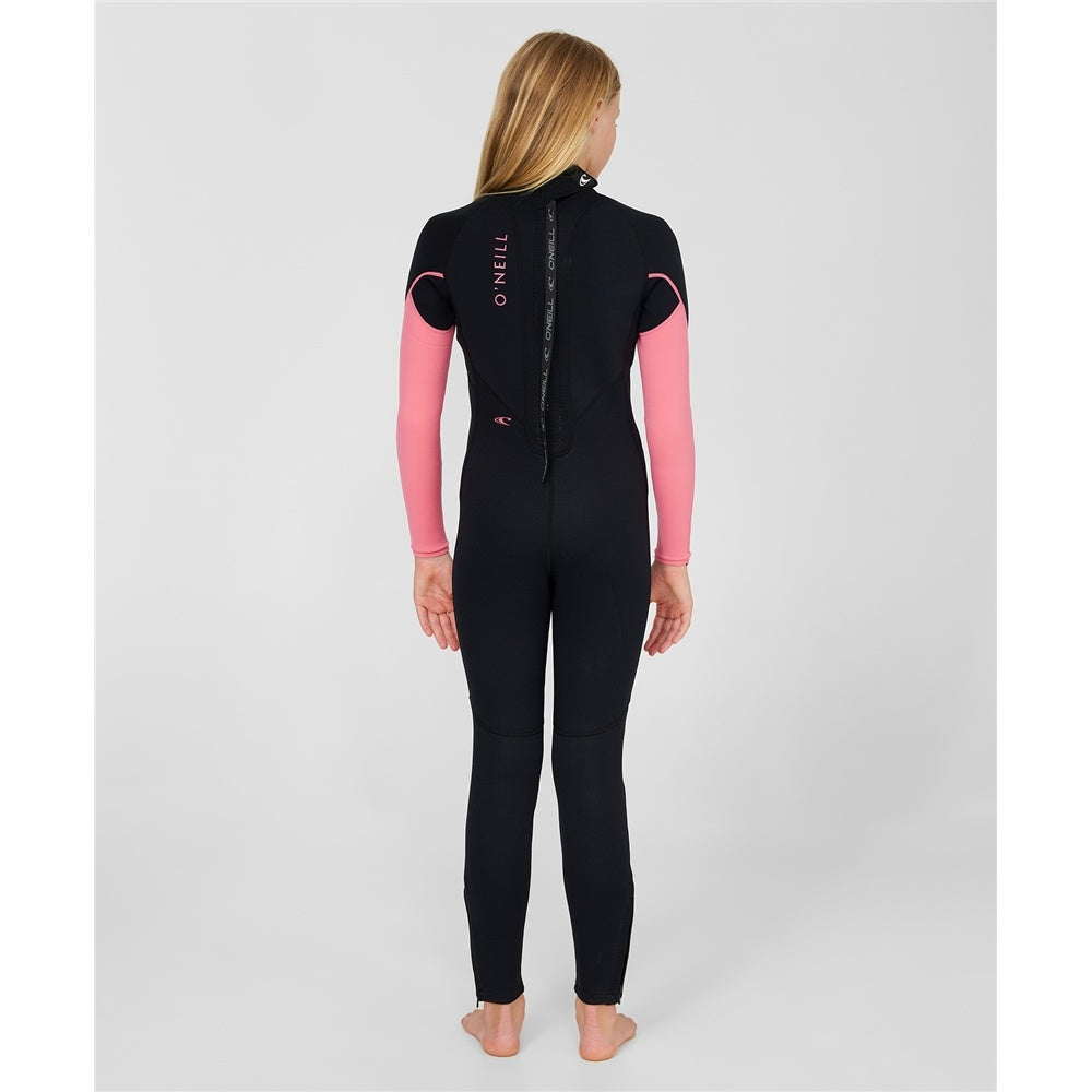 O'Neill Girls Reactor II 3/2mm Back Zip Flatlocked Wetsuit in black with pink sleeves from rear