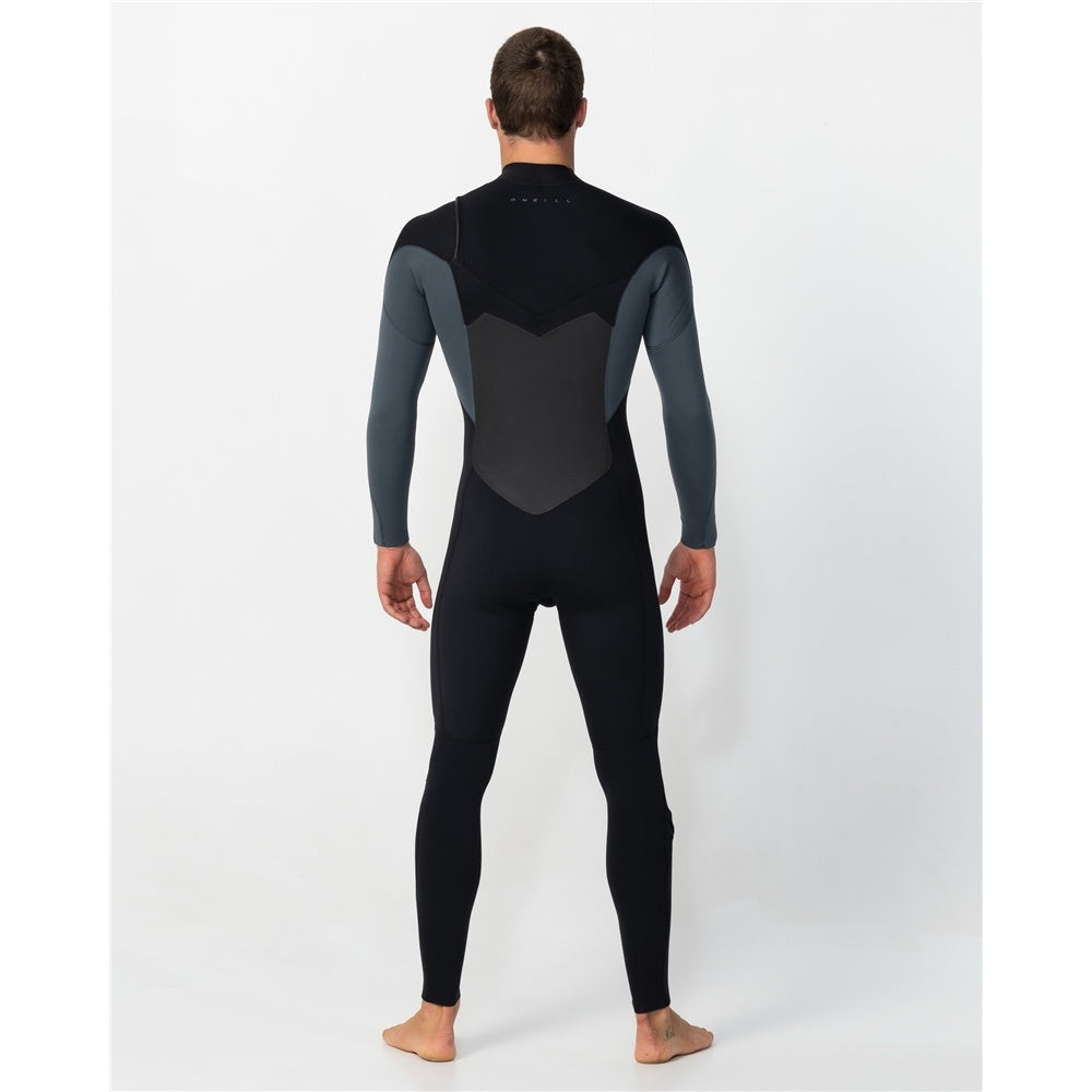 O'Neill Defender 4/3mm Mens GBS Chest Zip Wetsuit in black with graphite panels on model from rear