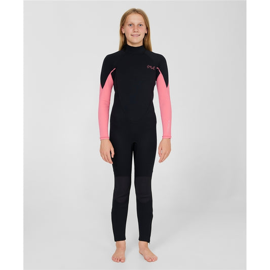 O'Neill Girls Reactor II 3/2mm Back Zip Flatlocked Wetsuit in black with pink sleeves from front