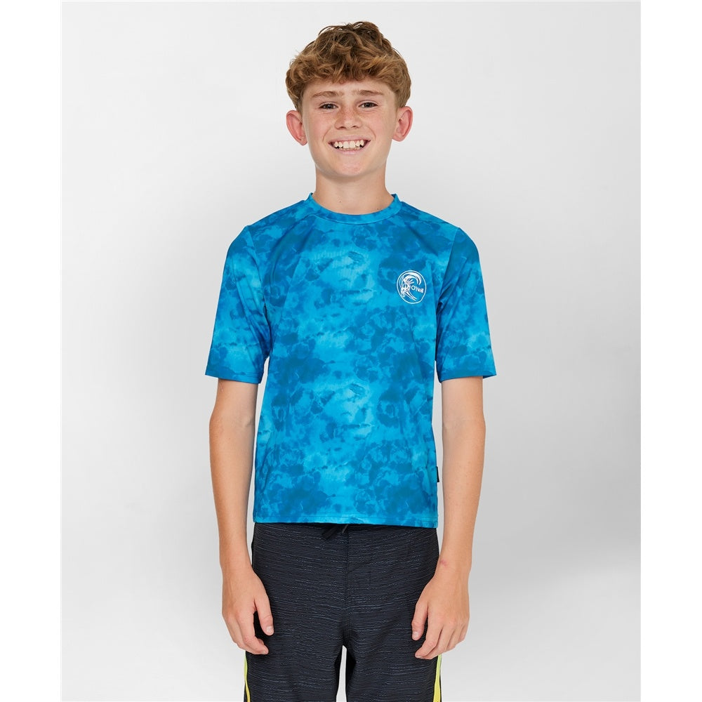 O'Neill Dopedye Boys UV Surf Tee in blue tie dye on model from front