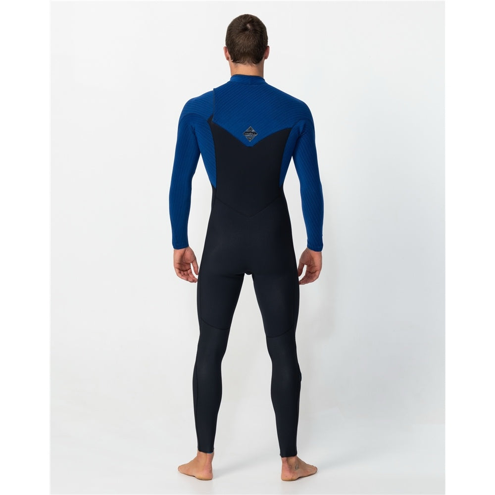 O'Neill Hyperfreak 3/2+mm GBS Mens Chest Zip Wetsuit in black with twilight blue shoulders on model from rear