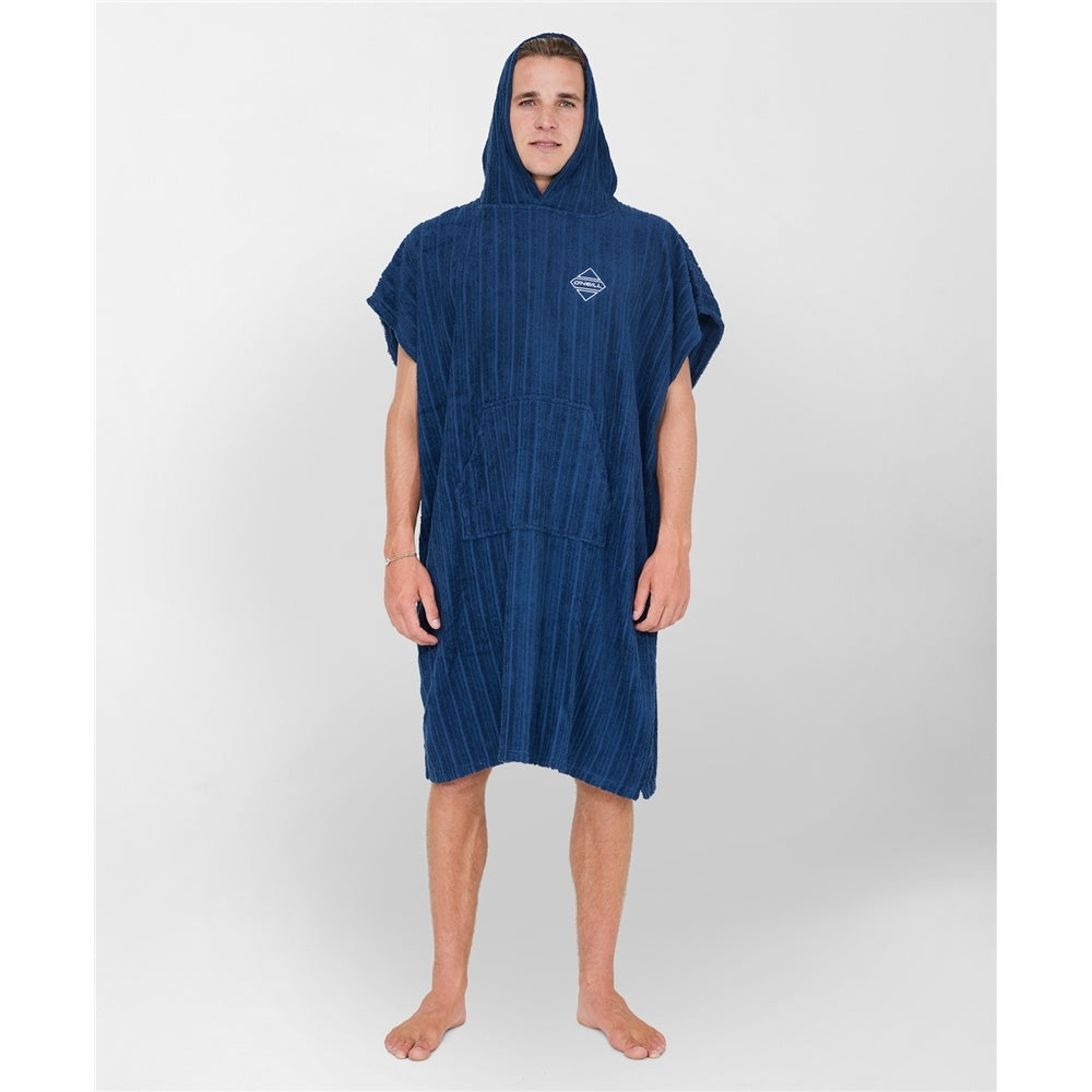 O'Neill TB3X Mens Hooded Towel in blue on model from front with hood up
