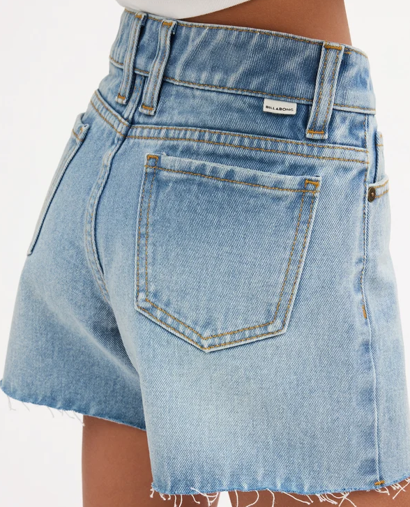 Billabong Miley Girls (8-16) Denim Short in faded indigo colourway close up from the rear showing right back pocket