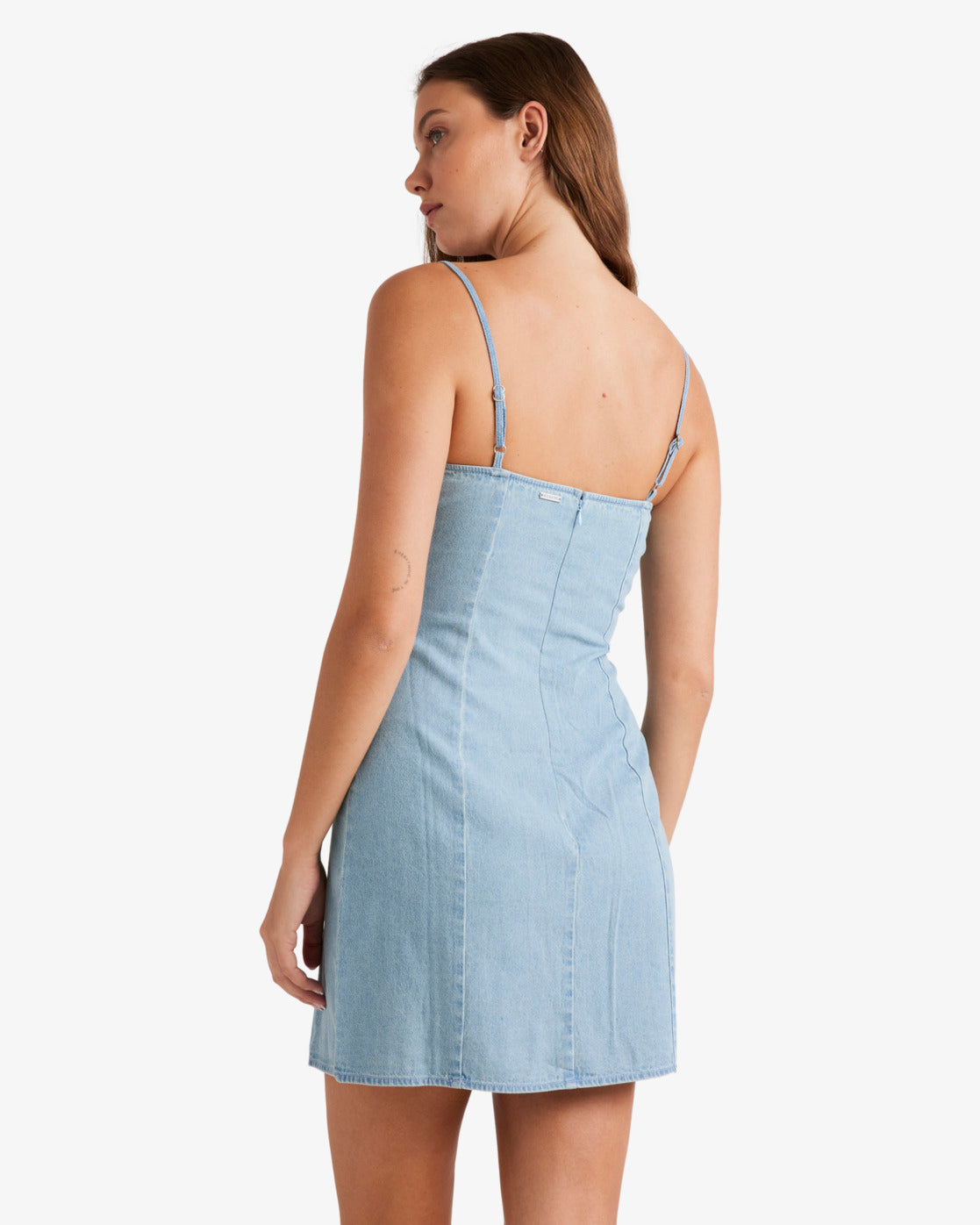 Billabong Stay Awhile Chambray Dress in indigo rise back veiw