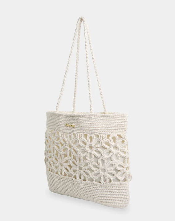Billabong Wild Daisies Tote Bag in salt crystal white colourway from the front on a slight angle