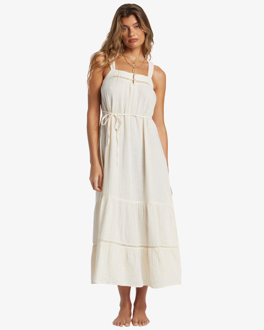 Billabong Summers End Maxi Dress in white cap colourway on model from front