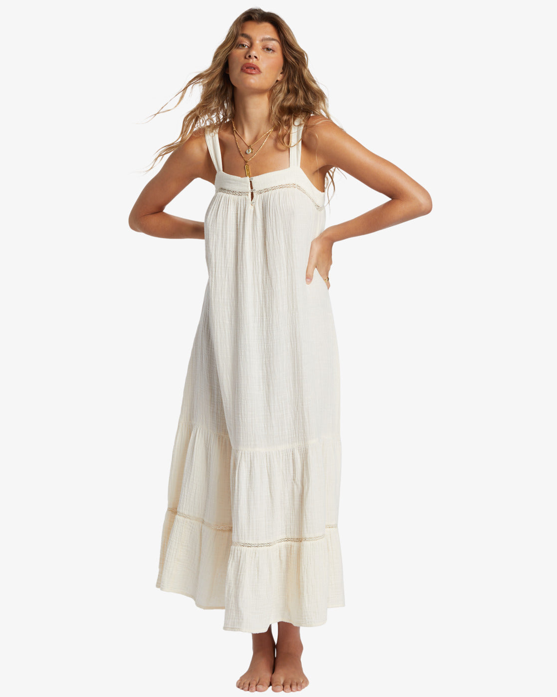 Billabong Summers End Maxi Dress in white cap colourway on model from front
