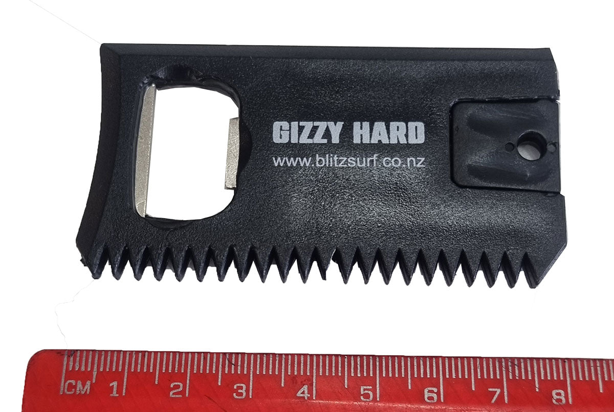 Gizzy Hard Wax Comb with Bottle Opener and Fin Key black colourway Sizing Shown