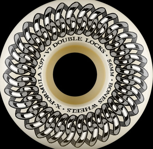 Bones X Fomula Double Lock V7 97a 56mm Skate Wheels with a chain image around the outside of the wqhie based wheel