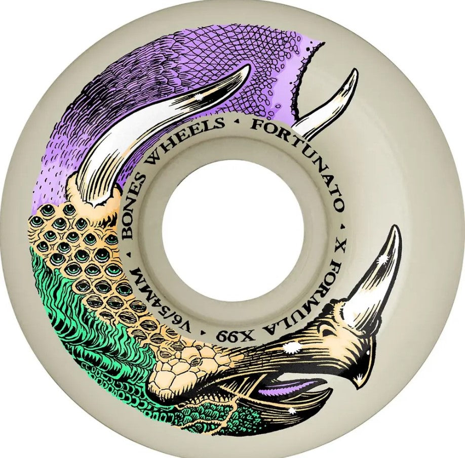 Bones X Formula Dino-Sortas V6 Widecut 54mm 99a Wheels which is a white based wheel with dinosaur graphics