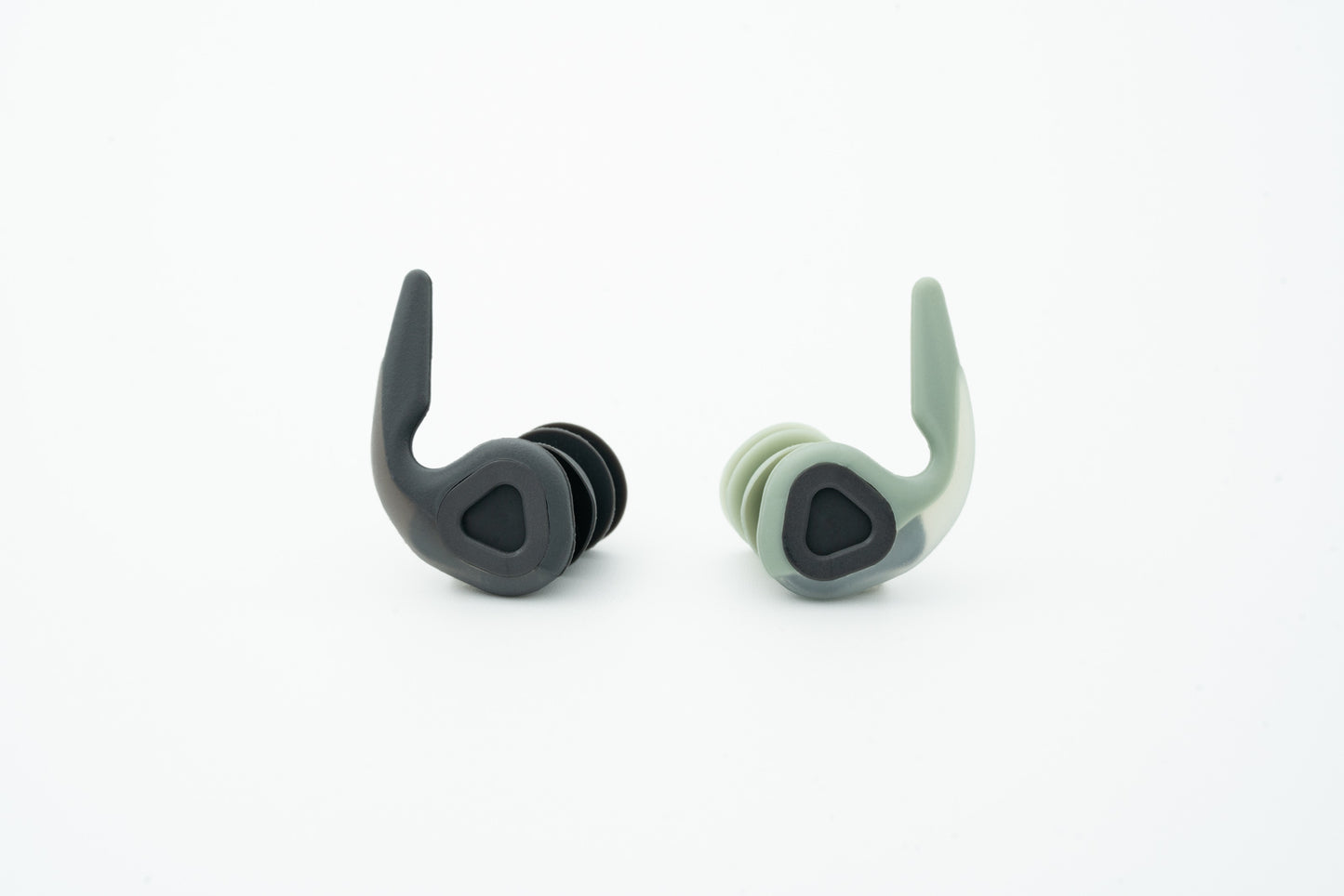 Surfears 4.0 Premium Surfing Earplugs showing left and right ear plug in sage and black