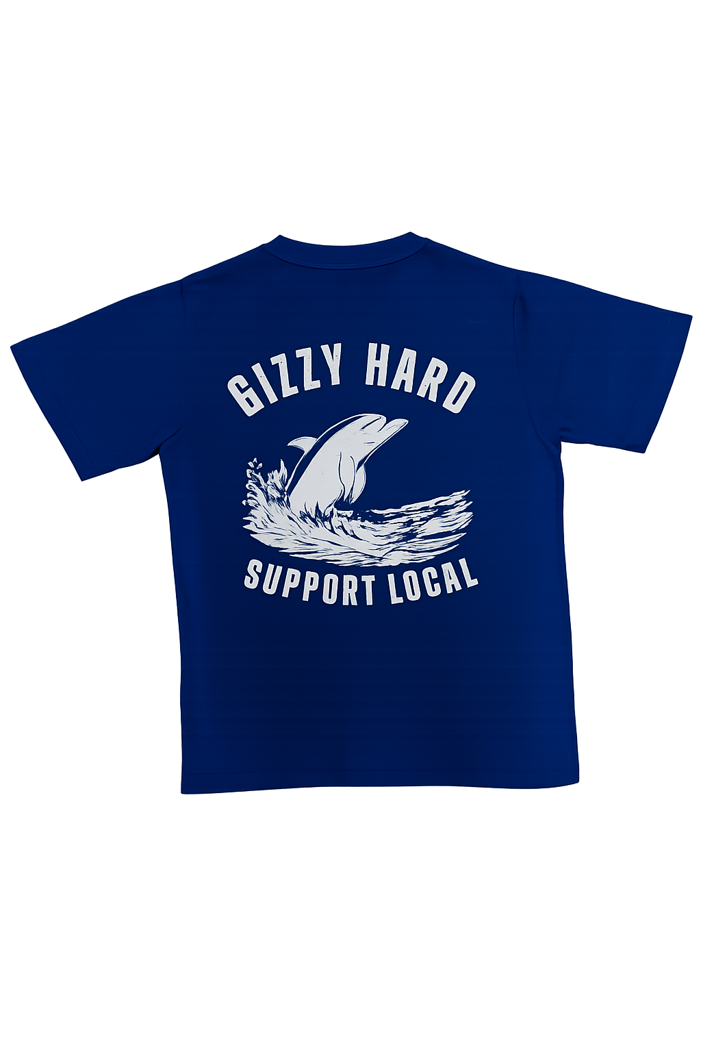 Gizzy Hard Moko The Dolphin Support Local Tee in royal blue with white print from the rear