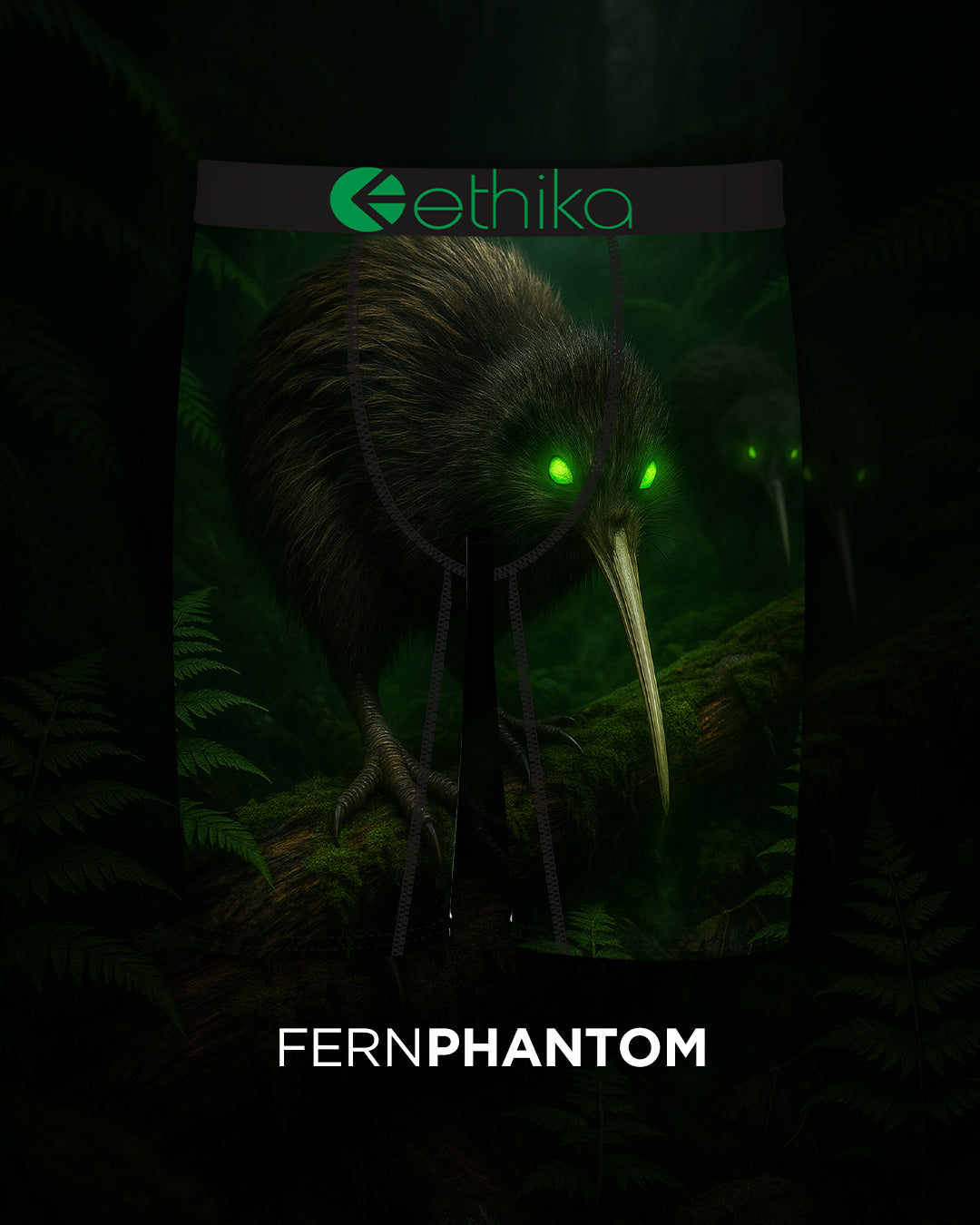Ethika Mens Fern Phantom Staple Boxers with Kiwi on front and lazer eyes