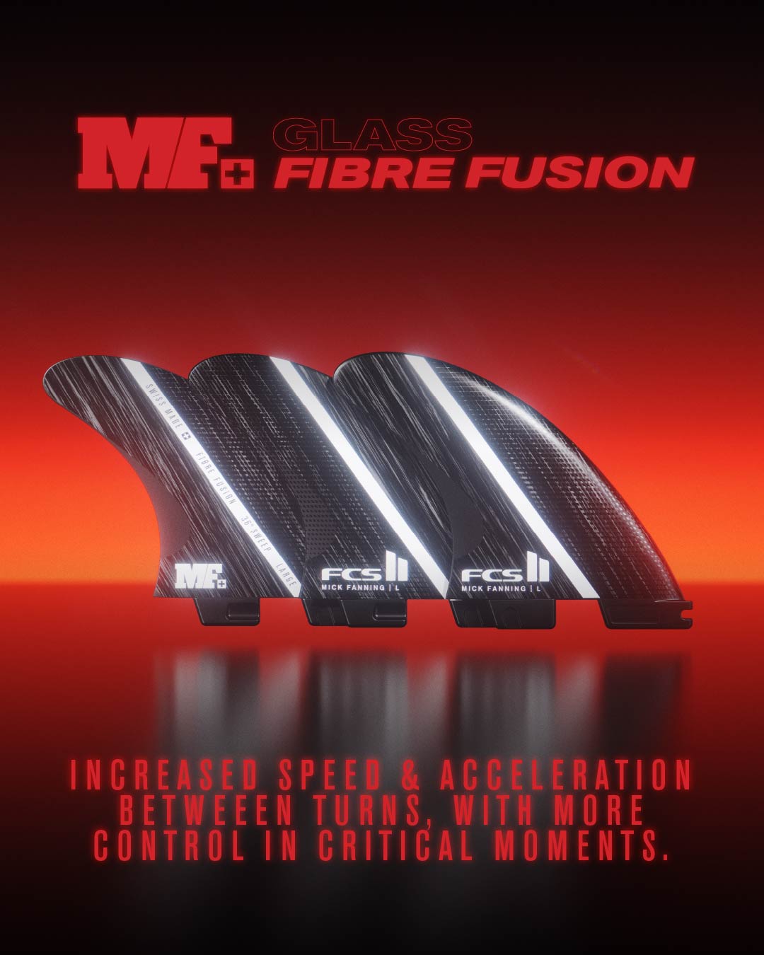 FCS II Mick Fanning Glass Fibre Fusion Large Tri Surfboard Fin Set in smoke and white colourway showing marketing image of three fins