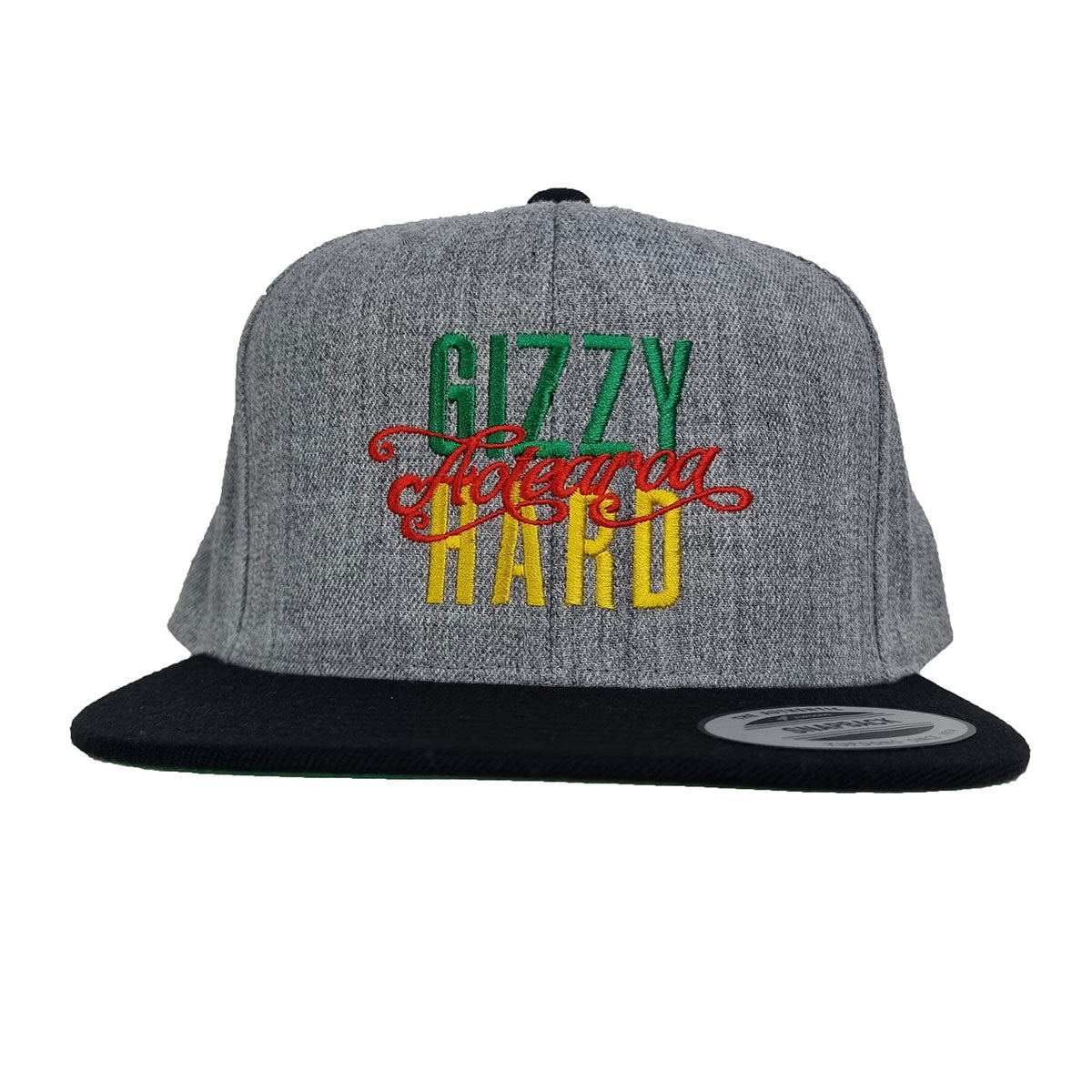 Gizzy Hard Aotearoa Flexfit Flat Peak SB Cap dark grey marle with black peak and rasta logo