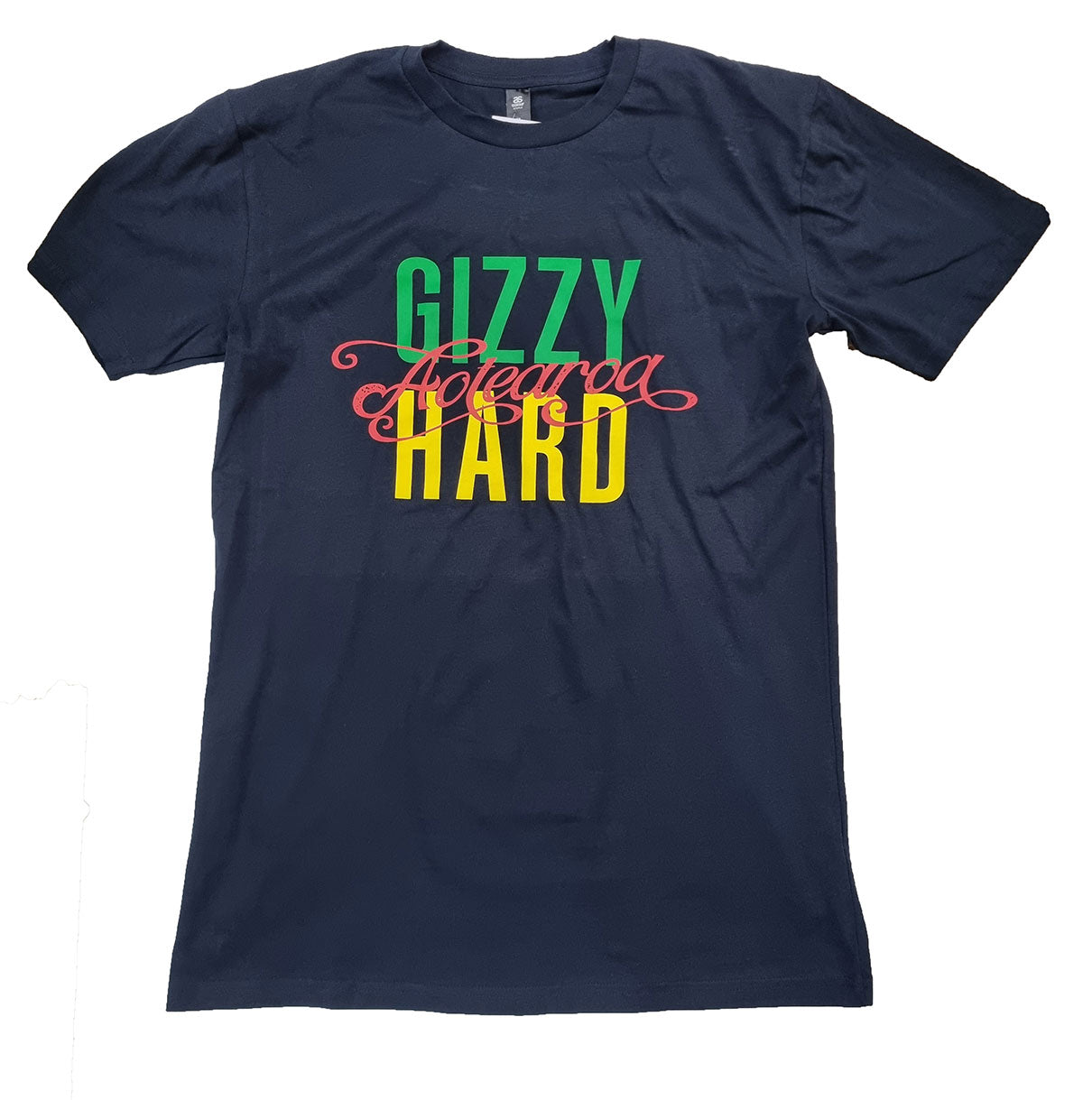 Gizzy Hard Aotearoa Mens Tee in navy with rasta print