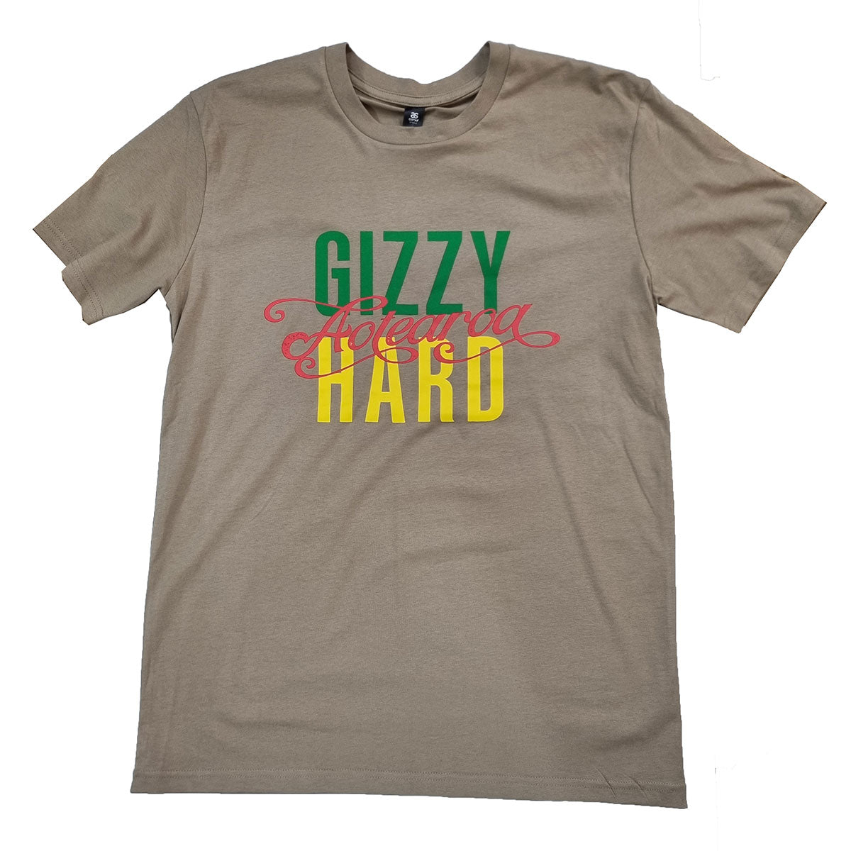 Gizzy Hard Aotearoa Mens Tee in sand with rasta print