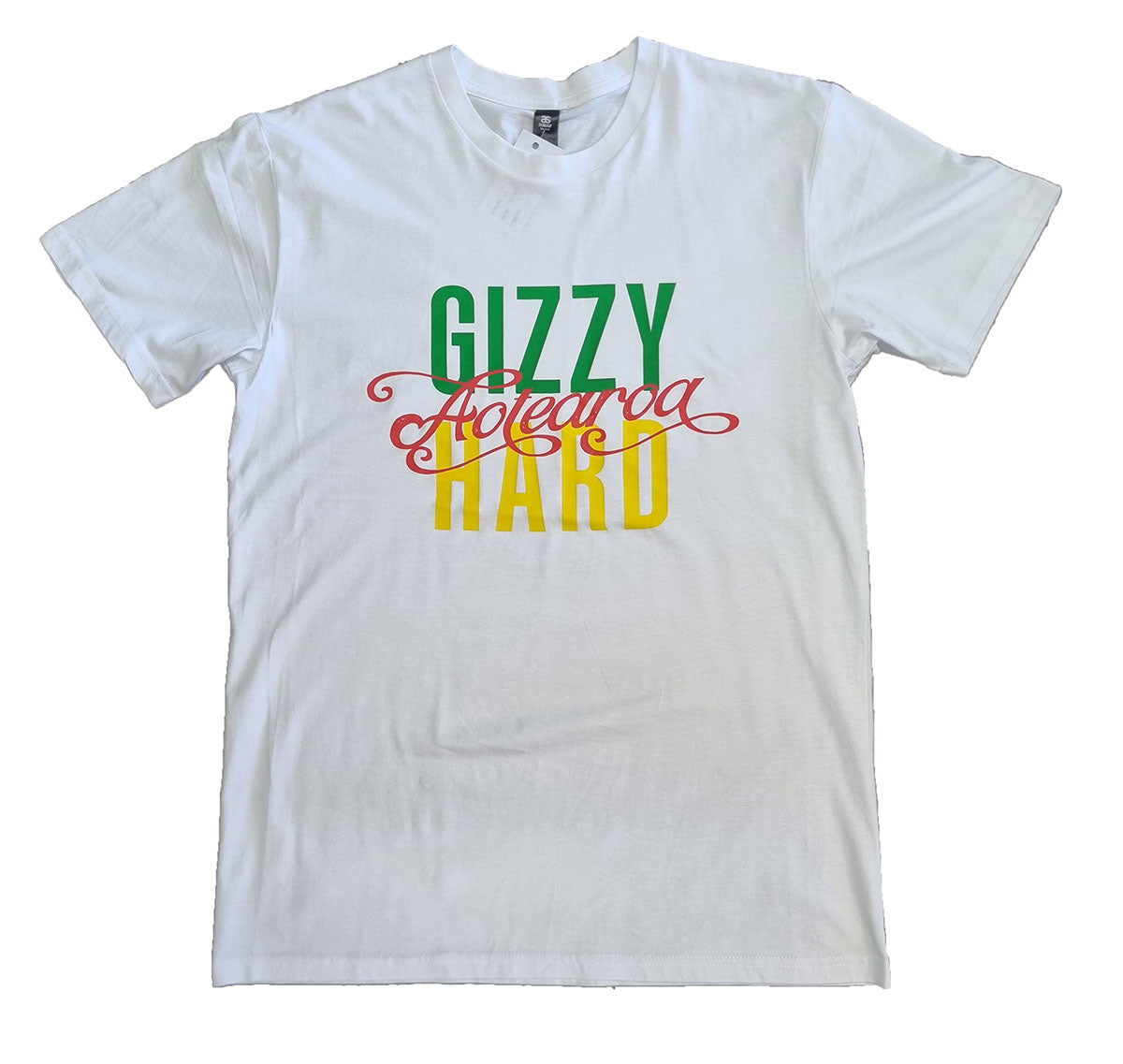 Gizzy Hard Aotearoa Mens Tee in white with rasta print