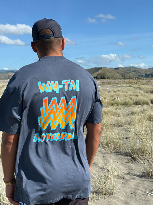 Wai-Tai Mura Heavyweight Tee - Whitinga o te Ra in petrol blue from rear