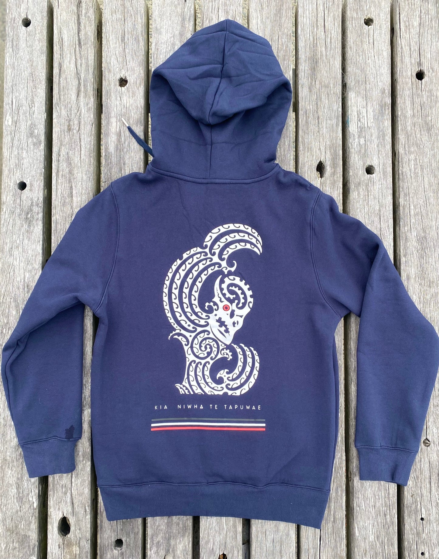 Wai-Tai Aotearoa Taniwha Maori Hoodie in navy colour showing back taniwha print