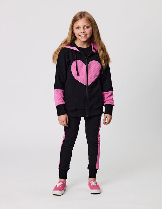 Kissed By Radicool Quilted Heart Zip Hood in black and pink