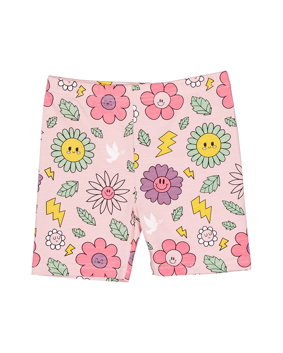 Kissed By Radicool Smiley Flowers Bike Shorts with flowery printed material flatlay from front