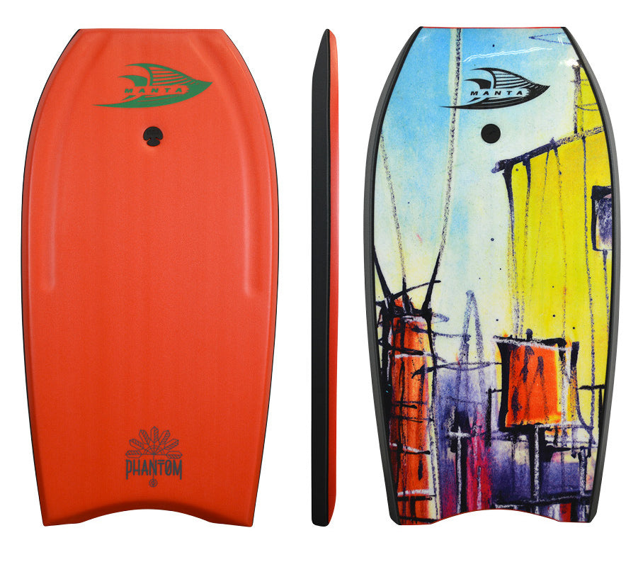 MANTA PHANTOM 38" PE BODYBOARD orange black abstract buildings yellow orange purple blue 