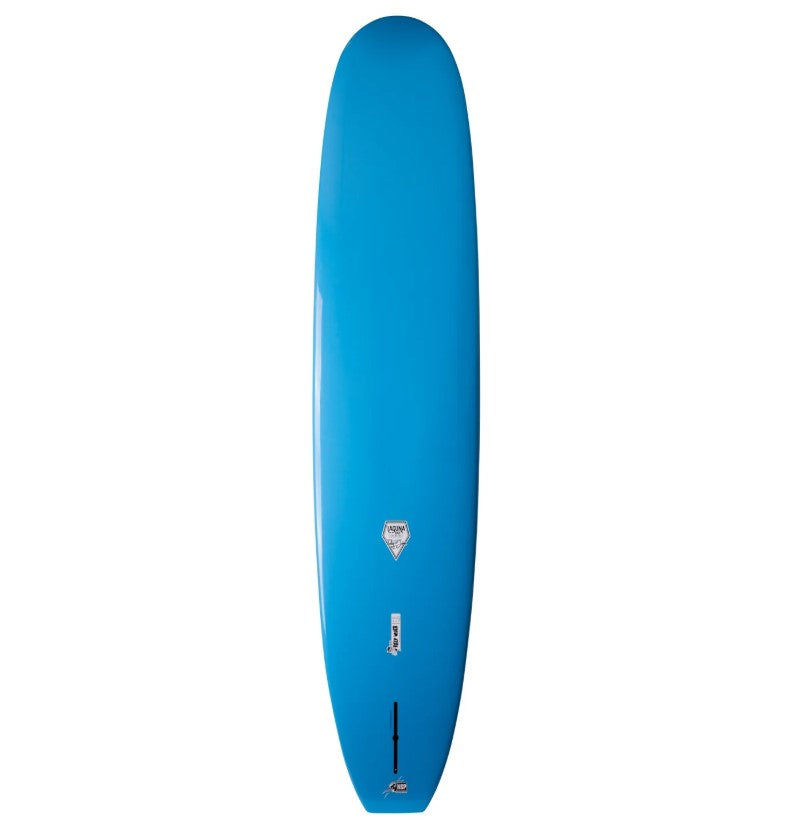 Shapers Union Sleep Walker 9'2 HDT Longboard in blue epoxy with light blue details showing bottom view