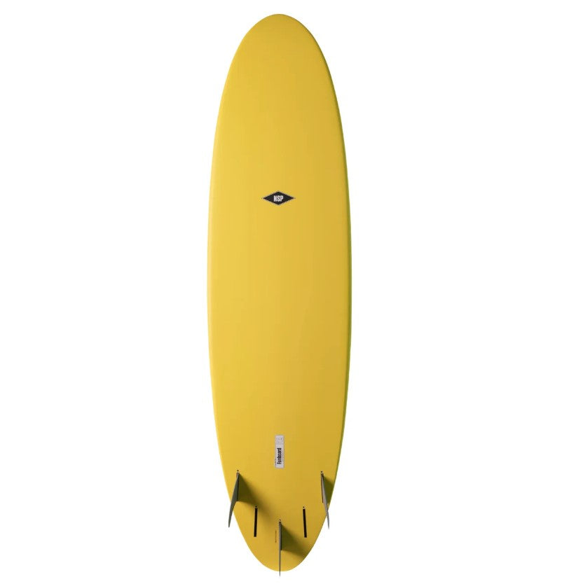 NSP 7'6 Elements Epoxy Funboard in yellow colourway showing bottom of board