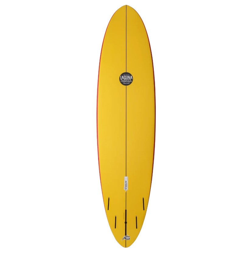 NSP SU Speed Line 7'6 HDT Midlength Surfboard in yellow with red rails from bottom view