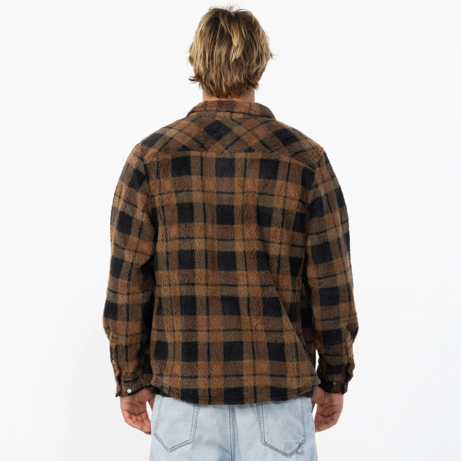 O'Neill Glacier Plaid High Pile Superfleece on male model in dark khaki backside