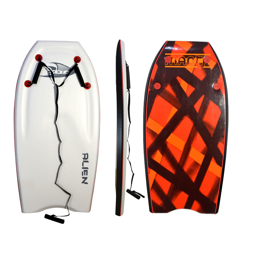 MANTA ALIEN 42" BODYBOARD W/ HANDLES white orange dark red with handles and tow rope