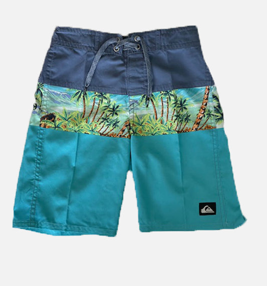 Quiksilver Boys Everyday Panel 13" Boardshorts dark Blue With Palmtree Print top and lighter blue at bottom displayed from front