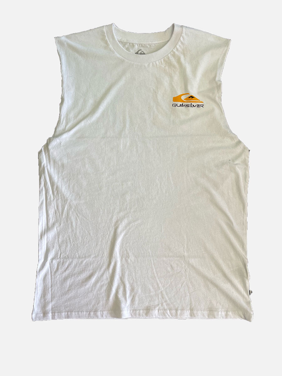 Quiksilver White Fun Zone Muscle Tee With Quicksilver logo displayed top left of shirt.