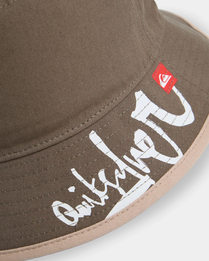 Quiksilver Tricky Bucket Hat in bungee cord brown colourway from the front close up of logo