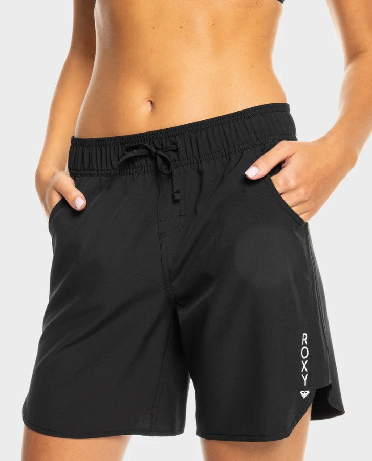 Roxy Wave 7 Inch Womens Boardshorts in black close up from front