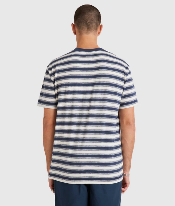 RVCA League Striped Men's Tee in moody blue and white stripe on model from rear
