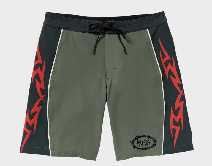 RVCA Retract 20" Boardshorts from the front in olive colourway flatlay