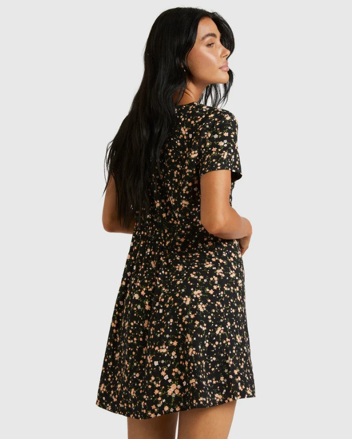RVCA Understated Mini Dress in copper tan colourqway on model from rear