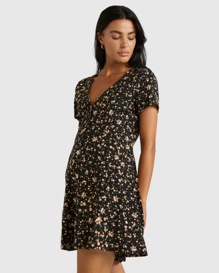 RVCA Understated Mini Dress in copper tan from front/side view