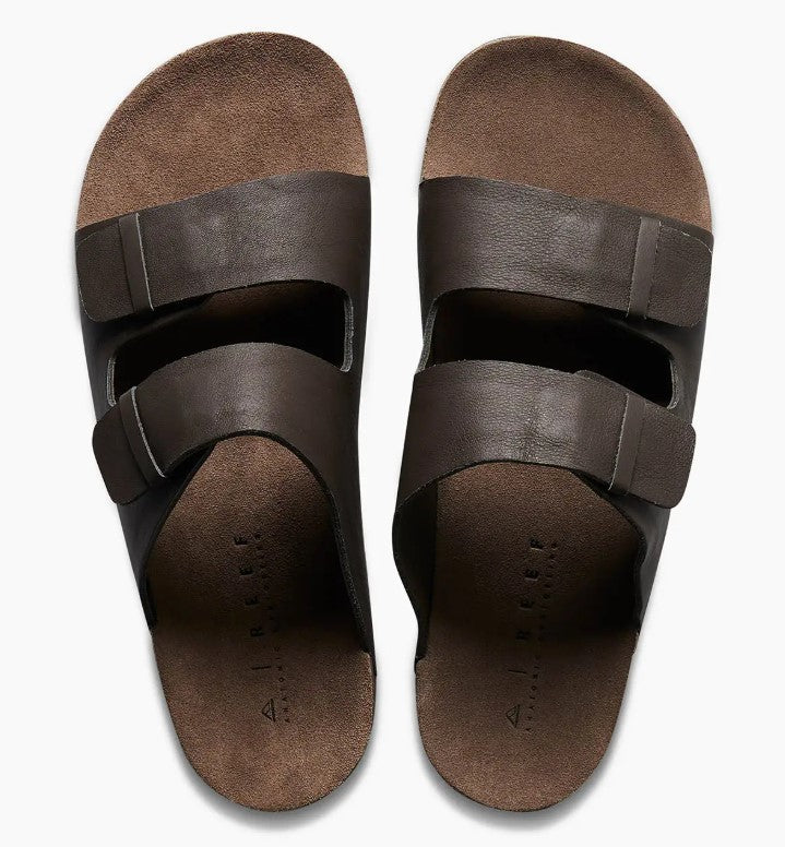 Reef Ojai Two Bar Leather Slides in brown showing pair from above