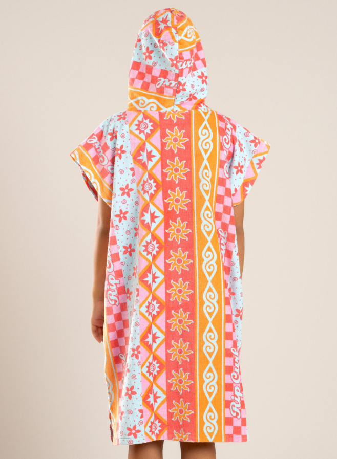 Rip Curl Girls Mixed Cotton Hooded Towel on teen girl in red/sunset colours - back