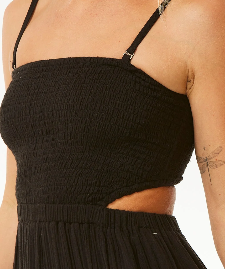 Rip Curl Premium Surf Maxi Dress in black on blonde model from the front close up of chest for ribbed detailing