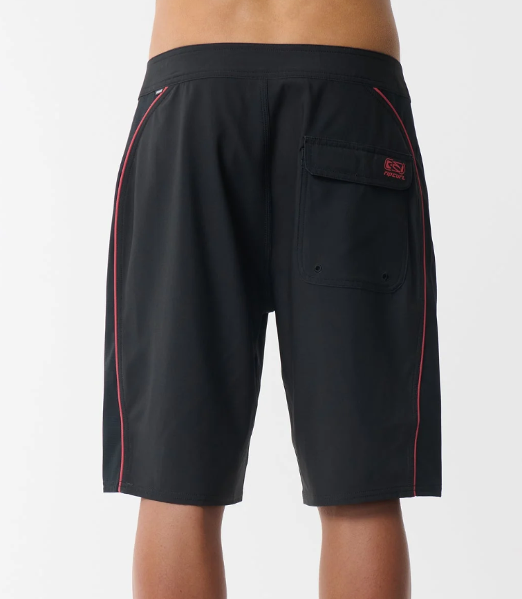Rip Curl Mirage Archive Bender 21" Boardshorts in black with red detail on model from the rear close up